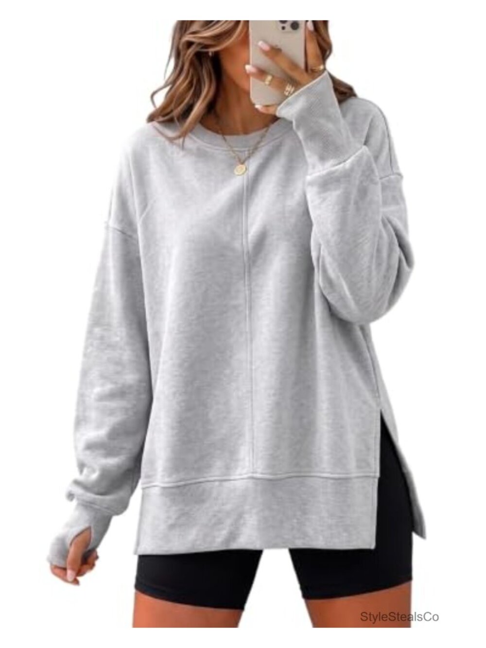 Oversized Crewneck Sweatshirt with Side Slit & Thumbholes, 95% Polyester 5%